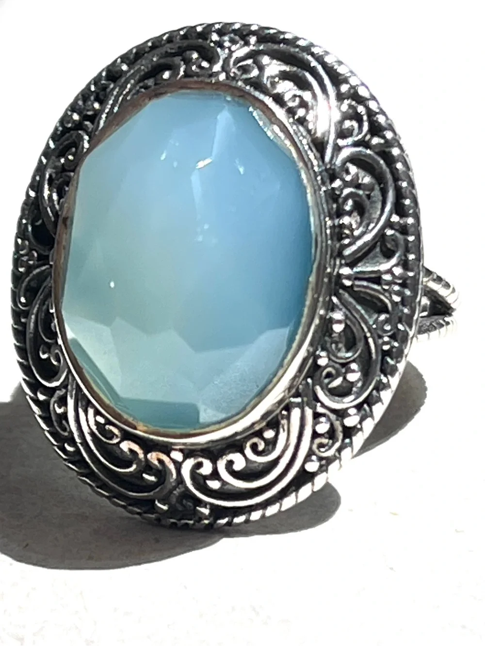 Vintage Sajen Ornate Sky Blue Quartz Faceted Statement Ring 925 Sterling 7